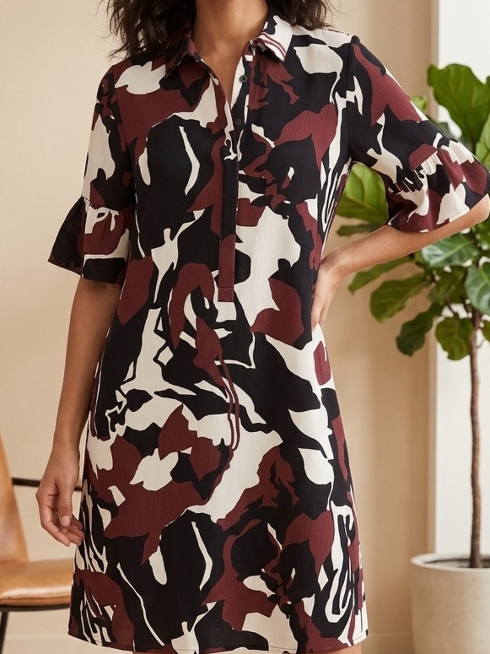 Chico's Patterned Ruffle-Sleeve Shirt Dress